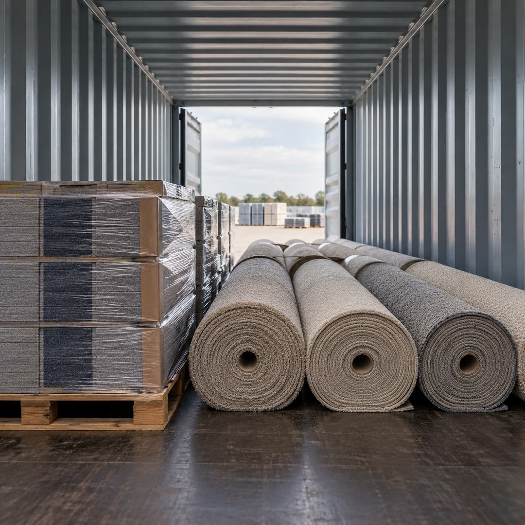 Hoeveel vierkante meter tapijt past er in een 40ft container?